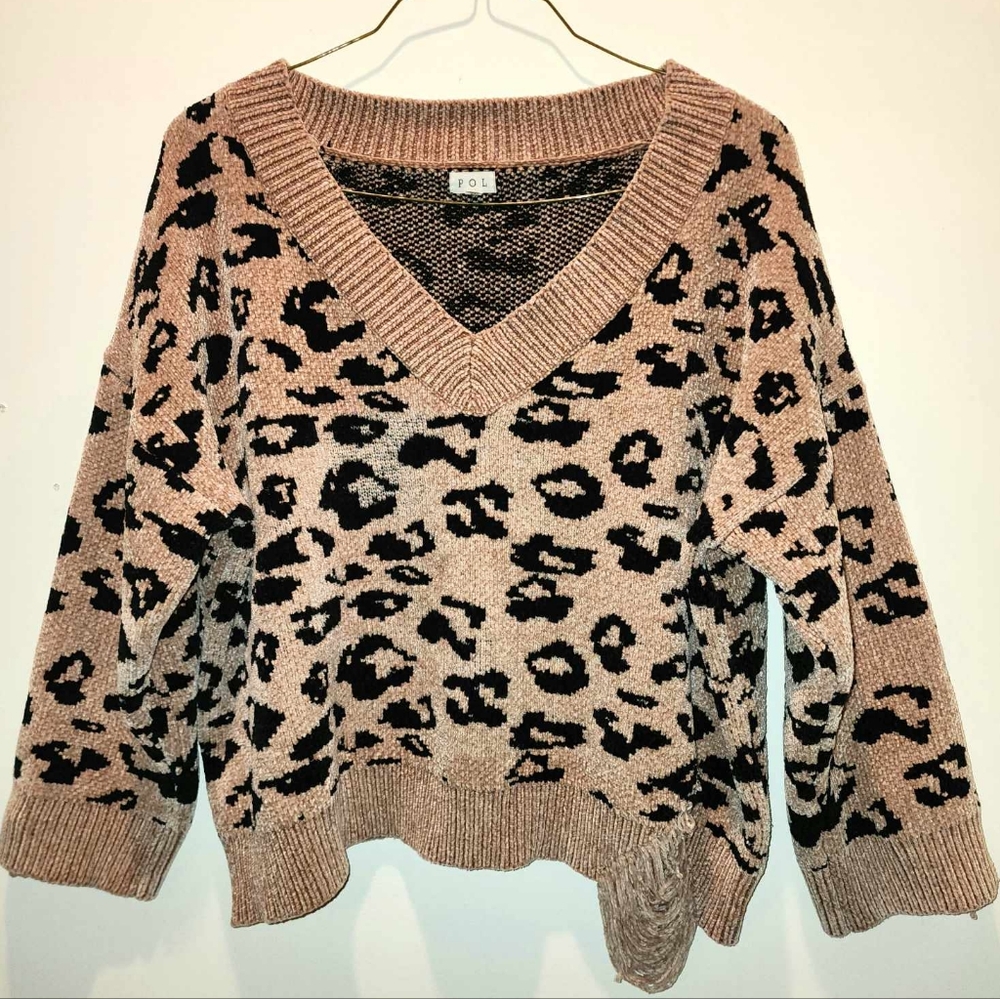 P.O.L. Women's Leopard Print Distressed Sweater Size Medium